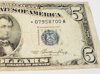 1953  Blue Seal .. STAR NOTE ..  $5 Silver Certificate Dollar Bill/ Bank Note