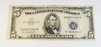 1953  Blue Seal $5 Silver Certificate Dollar Bill/ Bank Note