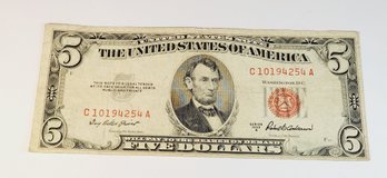 1953  A   Red Seal $5 Dollar Bill (70 Years Old) U S Bank Note