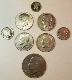 Lot Of 8 Vintage Coins ~ Kennedy Halves ~ Eisenhower Dollar ~ Buffalo Nicole's