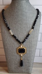 Beautiful Beaded Black Fashion Necklace With Goldtone Jewel Trim
