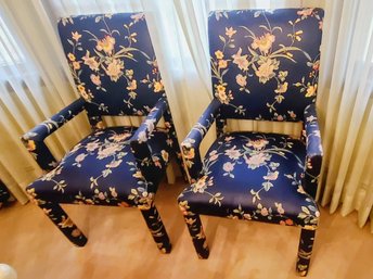 Pair Of Navy Floral Upholstered Arm Chairs