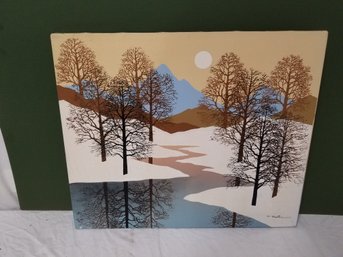 Winter Landscape Serigraph On Canvas Painting Signed D. Baxter 20x24