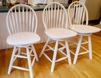 Trio Of White Swivel Wooden Bar Stools