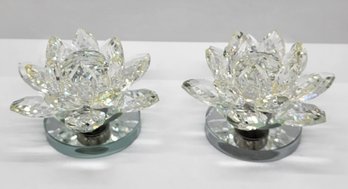 Beautiful Pair Of Clear Crystal Lotus Flowers With Rotating Base