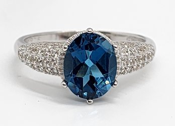 London Blue Topaz, White Zircon, Rhodium Over Sterling Ring