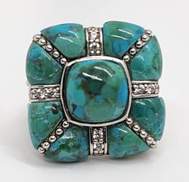 Turquoise & White Zircon, Rhodium Over Sterling Ring