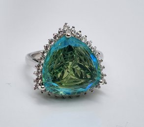 Peacock Quartz, White Zircon Ring In Platinum Over Sterling