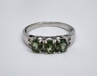 Natural Green Apatite & Diamond Ring In Platinum Over Sterling