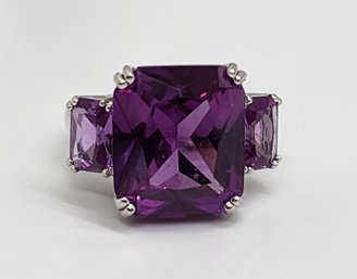 Purple Color Change Sapphire, Rhodium Over Sterling 3 Stone Ring