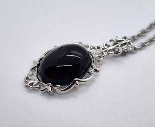 Black Onyx Pendant Necklace In Silvertone With Stainless Chain