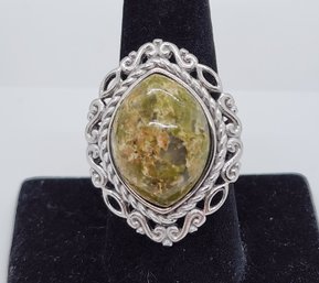 Unakite Ring In Rhodium Over Sterling