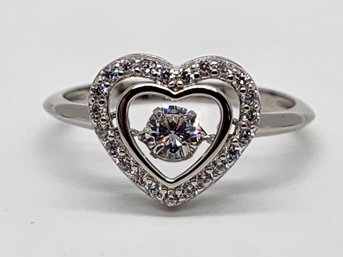 Faux Diamond Dancing Stone Heart Ring In Rhodium Over Sterling