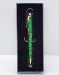 Beautiful Hand Carved Green Jade Lucky Clouds Ballpoint Pen In Gold Tone