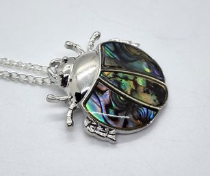 Abalone Shell Ladybug Pendant Necklace In Silvertone