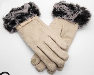 Cream Cashmere Warm Gloves With Faux Fur & Equipped Touch Screen Friendly