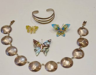 Trio Of Butterfly Pins Paired With Sterling Silver Necklace And Sterling Bracelet