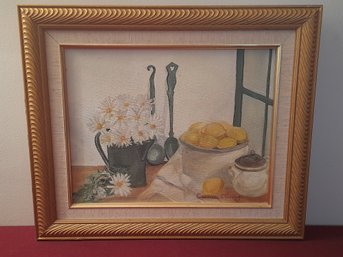 Carmella Gerardi Signed Still Life- Floral Vase And Pan Of Lemons