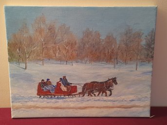 Oil On Canvas Horse Drawn Sled