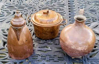 Two Antique Copper Pitchers Missing Tops And One Vintage Pot