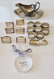 Silver Plate Napkin Ring Holders 2 Sets Of 6 And 8) Paired With Gravy Boat And Little Hugs And Kisses Plate