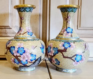 Paif Of Vintage Chinese Cloisonne Vases With Cherry Blossoms