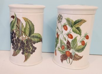 Pair Of Fruit Themed Porcelain Canisters With Lids From Paris