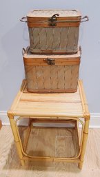 Bamboo Square Side Table With 2 Bamboo Storage Baskets