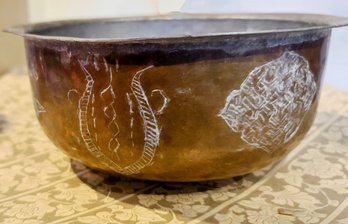 Rare Antique Copper Bowl With Etchings