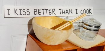 Grouping Of Beautiful Never Used Wooden Salad Bowl Glass? Cooking Pots, And A Sign For Every Woman