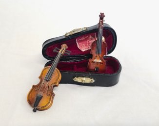 Two Miniature Hand Carved Violin's With Instrument Case