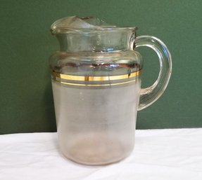 Vintage Large Etched Glass Pitcher With Gold Tone Rim