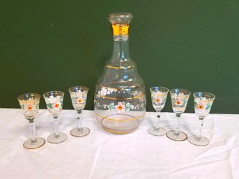 Antique Victorian Hand Painted Enameled Glass Decanter With 6 Stemmed Glasses
