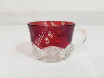 Antique1906 Souvenir Punch Cup In Ruby Red Flash Pressed Glass Monogrammed