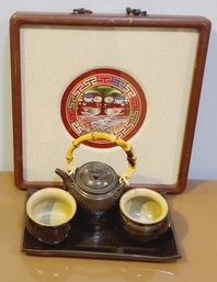 Framed Asian Embroidered Design With Small Saki Set For Two With Fan