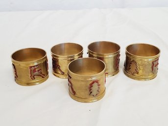 Five Vintage Solid Brass Holiday Christmas Themed Napkin Rings