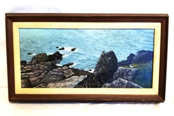 Vintage Framed Rocky Shoreline Print On Wood - Signed By Artist