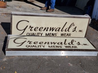 Two Vintage Greenwald's Inc Quality Menswear Lighted Hanging Retail Store Advertising Signs - Untested