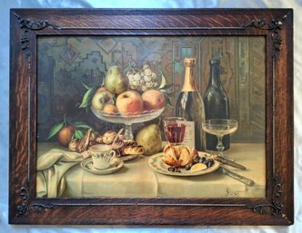 Victorian Still Life With Champagne Chromalith With Quarter Sawn Oak Frame