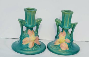 Pair Of Lovely Vintage Green Clematis, Floral Roseville Candle Holders
