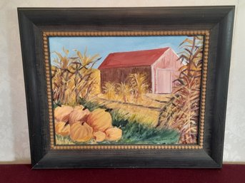 Signed Oil On Canvas Fall Harvest With Barn