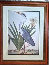 Blue Heron Shorebird Botanical Decor Framed Under Glass Print