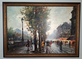 Paris Street Scene Oil On Canvas In Gold Molding Frame