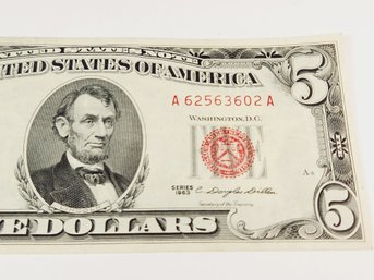 1963 $5 Dollar Red Seal Bill / U S Bank Note
