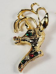 Gold Tone Christmas Colored Stones Reindeer Pin/ Brooch