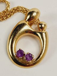Vintage 14k Italian Yellow Gold Woman & Child Amethyst Pendant  With 14k Wheat Link Necklace
