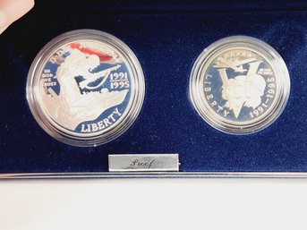 1991 - 1995 WWII 50th Anniversary Silver 2 Pc Proof Set In Gov. Box & COA