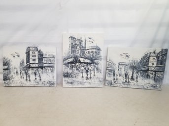 Trio Of Black & White Paris Street Paintings On Canvas - Signed By Artist