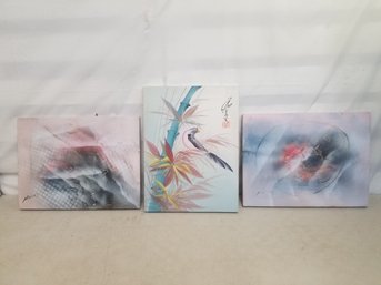Two Abstract Paintings On Canvas & Ones Oriental Bird Print On Canvas - Signed By Artists