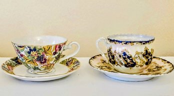 Lefton Teacup And Saucer Paired With Blue And Gold Teacup And Saucer